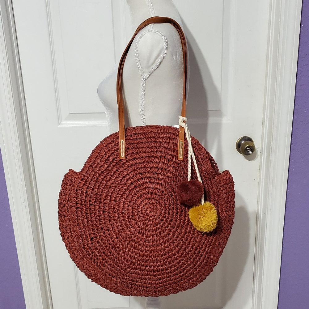 American Eagle Straw Pom Pom Large Tote Bag